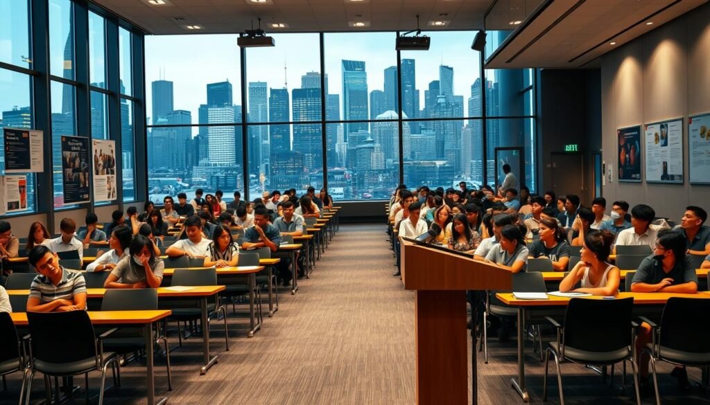 A modern lecture hall with rows of desks and chairs, filled with attentive students. In the foreground, a podium with a microphone stands, suggesting an active learning environment. The walls are adorned with motivational posters and educational displays, reflecting the academic atmosphere. Through large windows, the background reveals a bustling city skyline, symbolizing the connection between vocational education and the workforce. Warm, directional lighting illuminates the scene, creating a sense of focus and productivity. The overall composition conveys the comprehensive scope of vocational education, preparing students for successful careers and fulfilling their potential.