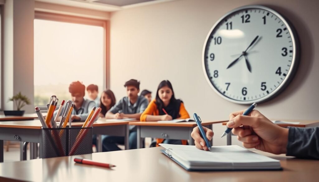 A modern, minimalist classroom setting with a large wall clock prominently displayed. In the foreground, a desk with neatly organized stationery and a student's hand holding a pen, poised to take notes. The middle ground features a group of students engaged in focused study, their expressions conveying a sense of diligence and time-consciousness. The background depicts a large window overlooking a serene, sun-dappled landscape, suggesting a peaceful, contemplative atmosphere. Soft, natural lighting bathes the scene, creating a sense of harmony and productivity. The overall mood evokes the importance of effective time management during the critical Madhyamik examination period.