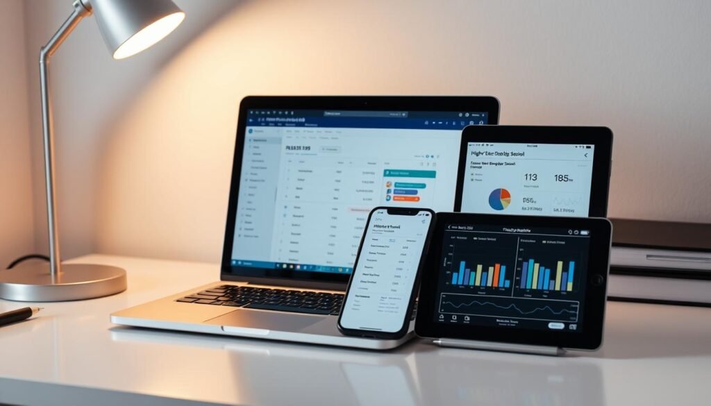 A modern, minimalist desktop scene featuring a laptop, smartphone, and tablet displaying higher secondary school exam results. The laptop screen shows a web portal with exam details, while the smartphone and tablet display interactive charts and graphs for analyzing the results. The desk is clean and organized, with a desk lamp providing warm, focused lighting. The overall mood is one of focus, productivity, and academic achievement, reflecting the "Preparing for College Admissions" section of the article.