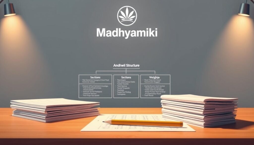 A modern, minimalist illustration of the Madhyamik examination structure, captured with a wide-angle lens under warm, diffused lighting. In the foreground, a stack of answer sheets and a sharpened pencil symbolize the core components of the exam. The middle ground features a blueprint-style diagram outlining the sections, durations, and weightage of the paper. In the background, a sleek, stylized representation of the Madhyamik logo provides a clean, branded backdrop. The overall tone is one of clarity, organization, and professionalism, guiding the viewer through the key elements of the Madhyamik examination format. A modern, minimalist illustration of the Madhyamik examination structure, captured with a wide-angle lens under warm, diffused lighting. In the foreground, a stack of answer sheets and a sharpened pencil symbolize the core components of the exam. The middle ground features a blueprint-style diagram outlining the sections, durations, and weightage of the paper. In the background, a sleek, stylized representation of the Madhyamik logo provides a clean, branded backdrop. The overall tone is one of clarity, organization, and professionalism, guiding the viewer through the key elements of the Madhyamik examination format.