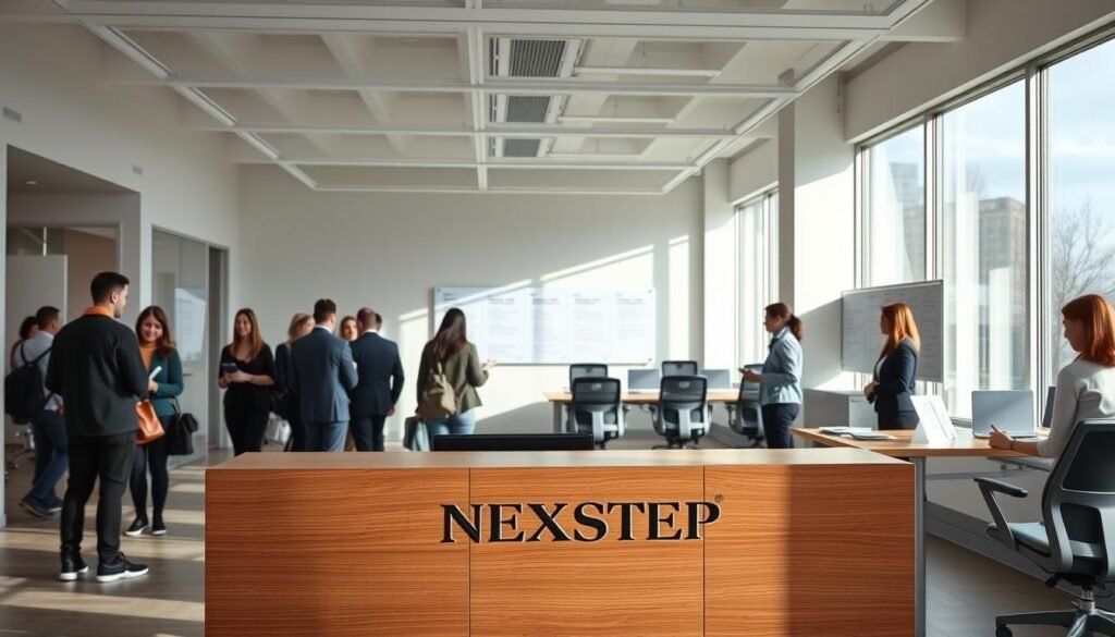 A modern, minimalist office interior with abundant natural light streaming through large windows. A sleek, wooden reception desk stands in the foreground, with a discreet "NEXTSTEP" logo etched into the surface. Applicants line up at the desk, filling out forms and handing over documents as they register for an upcoming vocational exam. The middle ground features rows of ergonomic chairs and desks, where candidates can review study materials. In the background, a wall-mounted display board showcases upcoming exam schedules and deadlines. The overall atmosphere is one of efficiency, professionalism, and quiet anticipation.