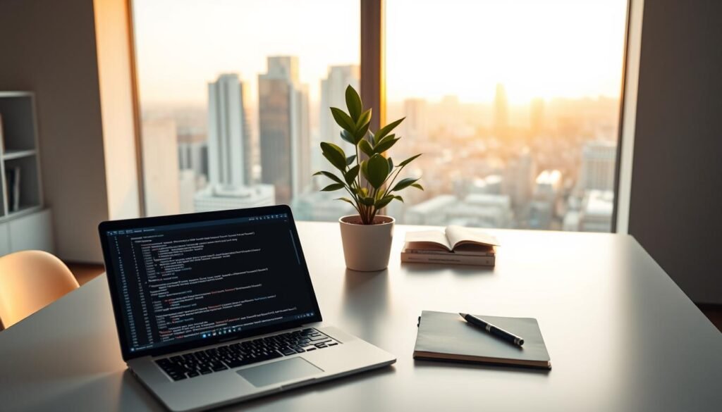A modern, minimalist workspace with a sleek, white desk and a large, flat-screen monitor. In the foreground, an open laptop displays lines of code, alongside a stylus and notebook. In the middle ground, a potted plant and a couple of technical books add a touch of nature and learning. The background features a large window overlooking a cityscape, bathed in warm, golden light that fills the room. The overall atmosphere is one of focus, productivity, and the excitement of discovering the world of coding.