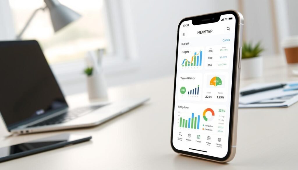 A modern personal finance app with a clean, intuitive interface. In the foreground, a sleek smartphone displays the NEXTSTEP logo along with various financial metrics, budgets, and transaction history. The middle ground features stylized data visualizations, charts, and infographics, providing a comprehensive overview of the user's financial standing. The background showcases a minimalist office setting, with a laptop, desk accessories, and natural lighting creating a serene, productive atmosphere. The overall mood is one of control, organization, and empowerment, reflecting the app's purpose of helping users better manage their personal finances.