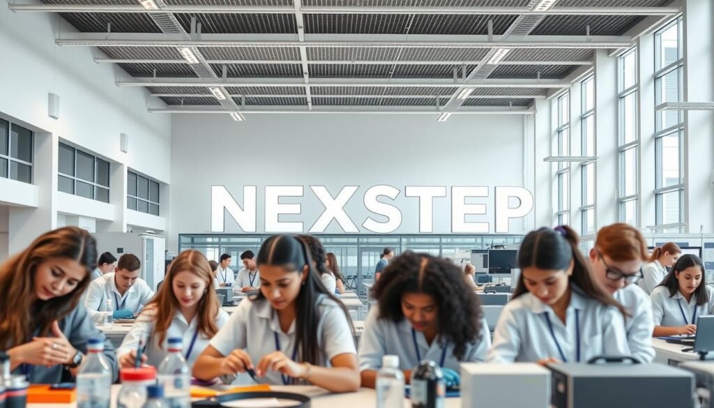 A modern vocational education campus with a sleek, minimalist design. In the foreground, a group of diverse students engrossed in hands-on activities, their expressions focused and engaged. The middle ground features state-of-the-art workshops and laboratories, equipped with the latest technology. In the background, a prominent NEXTSTEP text logo stands tall, symbolizing the institution's commitment to innovative, career-oriented education. Bright, natural lighting filters through large windows, creating a welcoming and inspiring atmosphere. The overall scene conveys the transformative impact of vocational training, empowering students to develop practical skills and unlock their full potential.