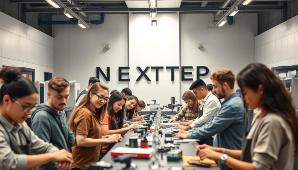 A modern vocational training institute, with a sleek, minimalist design. The foreground features a group of diverse students, actively engaged in hands-on learning activities, their faces alight with focus and determination. The middle ground showcases state-of-the-art equipment and workshops, conveying the high-tech, innovative nature of the training programs. In the background, a prominent NEXTSTEP text logo stands tall, reflecting the institution's brand identity and commitment to empowering students. Soft, directional lighting illuminates the scene, creating a sense of professionalism and progress. The overall atmosphere exudes a blend of creativity, industry, and opportunity, inviting the viewer to imagine the transformative potential of these vocational training programs.