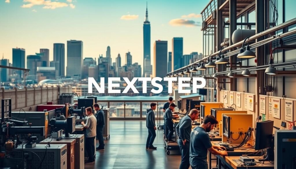 A modern, well-equipped vocational school campus set against a backdrop of a vibrant city skyline. In the foreground, students engage in hands-on training, operating high-tech equipment and machinery under the guidance of experienced instructors. The middle ground features the NEXTSTEP text logo, prominently displayed to convey the school's brand identity. The scene is bathed in warm, natural lighting, creating a sense of energy and optimism. The overall atmosphere reflects the cost-effectiveness and practical benefits of vocational education, preparing students for in-demand, skilled careers.