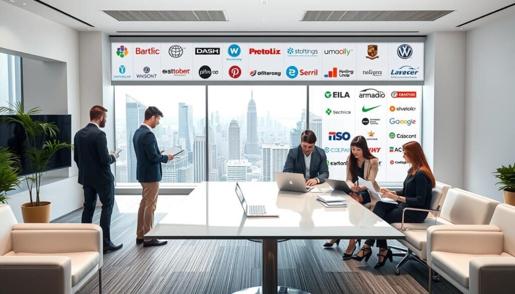 A modern, well-lit office interior with sleek furniture and minimalist design. In the foreground, several young professionals in business attire are engaged in collaborative discussions around a conference table, laptops and documents in hand. In the middle ground, a large, panoramic window offers a view of a bustling city skyline, hinting at the global reach and scale of the computer science industry. The background features a prominent display wall showcasing the logos of leading technology companies, suggesting the diverse career opportunities available to computer science graduates.