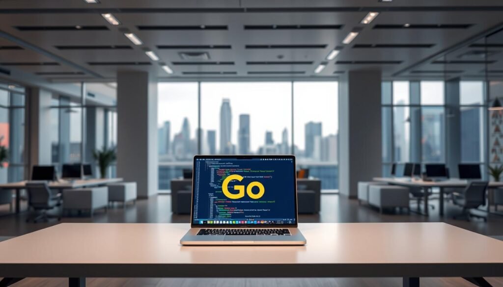 A modern, well-lit office setting featuring an expansive workspace with sleek, minimalist furniture. In the foreground, a developer's workstation showcases a laptop displaying the Go programming language logo, surrounded by colorful programming code windows. The middle ground highlights various web development tools and frameworks, such as HTML, CSS, and JavaScript, while the background depicts a skyline of towering skyscrapers, symbolizing the urban landscape of a thriving tech hub. The overall scene conveys a sense of efficiency, productivity, and the power of Go as a language for web development.