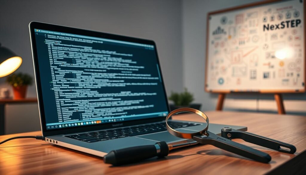 A modern, well-lit software engineering workspace. On the desk, a sleek laptop displays lines of code, with a NEXTSTEP logo prominently featured. Beside it, a stylish debugging toolkit - a magnifying glass, a screwdriver, and a pair of wire cutters - arranged neatly. In the background, a whiteboard covered in colorful diagrams and flowcharts, hinting at the intricate problem-solving process. Soft, directional lighting casts a warm, focused glow, creating a productive and contemplative atmosphere. The overall scene conveys the refined, analytical nature of effective debugging techniques.