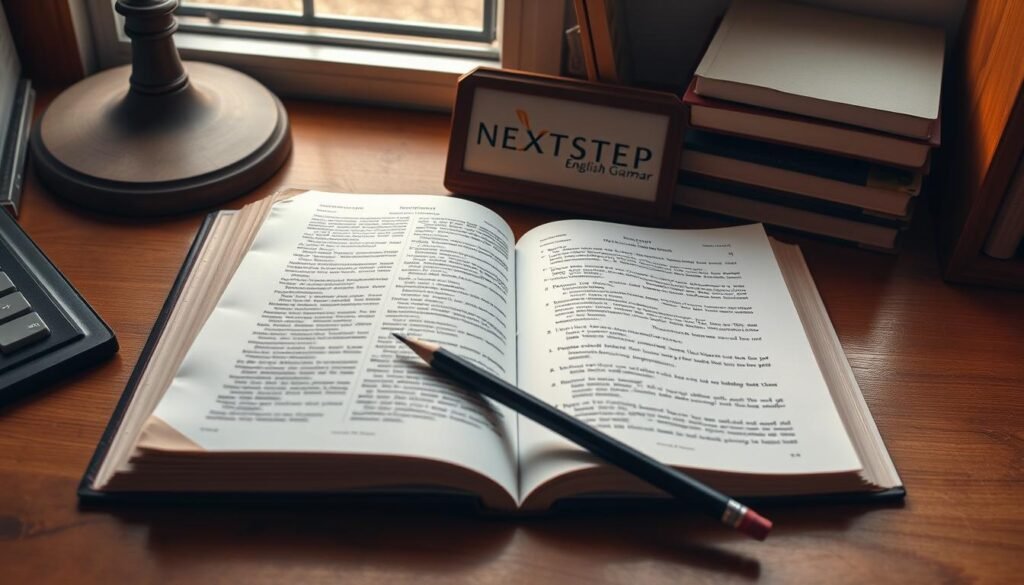 A neatly arranged desk with an open English grammar textbook, a NEXTSTEP logo plaque, and a well-sharpened pencil resting beside it. The textbook's pages are dog-eared, indicating frequent use. Warm, natural lighting from a nearby window illuminates the scene, casting a subtle glow on the materials. The mood is one of focused study and attention to detail, reflecting the subject of punctuation errors in English writing. The camera angle is slightly elevated, creating a sense of clarity and organization.