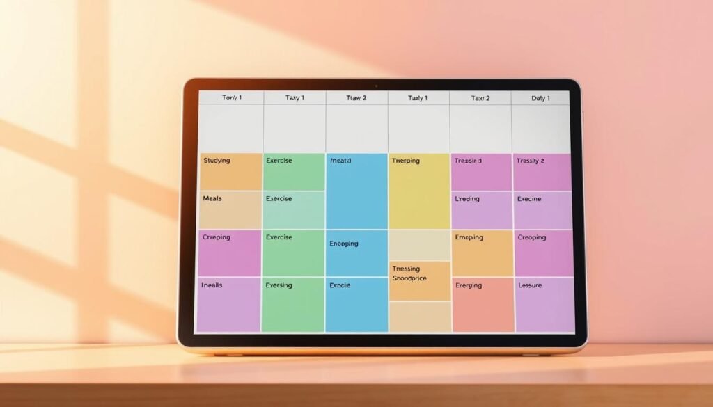 A neatly organized daily schedule, divided into time blocks for various tasks. A colorful digital planner with a clean, minimalist design, featuring a grid of rectangular sections representing different activities - studying, exercise, meals, leisure, and more. The sections are color-coded and labeled, creating a visually appealing and intuitive layout. The planner is set against a soft, pastel-colored background, creating a calming and productive atmosphere. Warm, natural lighting casts a gentle glow, emphasizing the structure and order of the schedule. The overall composition conveys a sense of control, focus, and productivity, perfectly capturing the essence of effective time management.