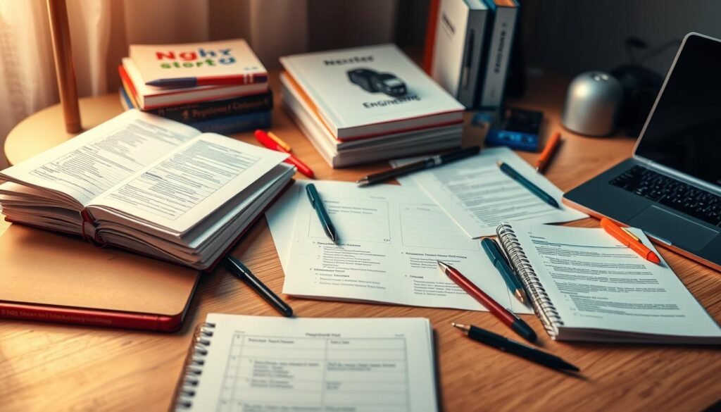 A neatly organized desk with an array of engineering study materials, including textbooks, notebooks, pens, a laptop, and a NEXTSTEP logo. The lighting is soft and warm, creating a focused and studious atmosphere. The angle is slightly elevated, providing a comprehensive view of the workspace. The background is blurred, keeping the attention on the study materials. The overall composition conveys a sense of diligence and preparation for an engineering entrance exam. A neatly organized desk with an array of engineering study materials, including textbooks, notebooks, pens, a laptop, and a NEXTSTEP logo. The lighting is soft and warm, creating a focused and studious atmosphere. The angle is slightly elevated, providing a comprehensive view of the workspace. The background is blurred, keeping the attention on the study materials. The overall composition conveys a sense of diligence and preparation for an engineering entrance exam.
