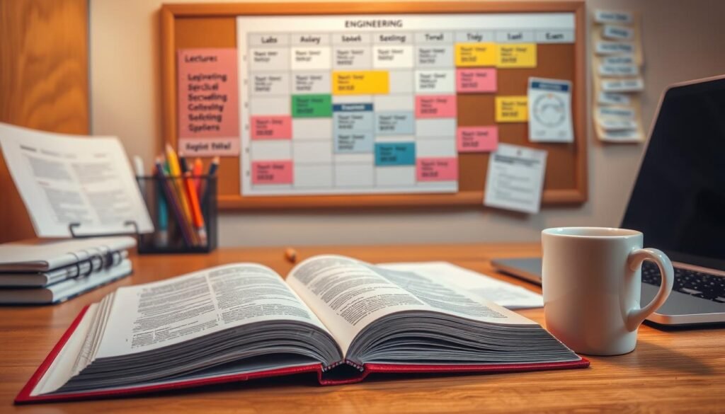 A neatly organized desk with an open engineering textbook, a laptop, and a cup of coffee. In the background, a corkboard displays a well-structured study schedule, color-coded and divided into sections for lectures, labs, assignments, and exam preparation. The lighting is warm and focused, creating a productive and studious atmosphere. The angle is slightly elevated, giving a comprehensive view of the workspace and the study materials. The overall composition conveys a sense of discipline, efficiency, and a commitment to academic success.