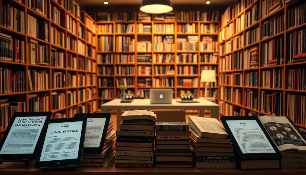 A neatly organized library of digital books on computer science, illuminated by warm, soft lighting that casts a cozy atmosphere. In the foreground, a stack of e-readers and tablets displaying various book covers, their screens beckoning the viewer to explore the wealth of knowledge within. The middle ground features a clean, minimalist table or desk, with a laptop and other study materials, creating a productive and inviting workspace. In the background, towering bookshelves line the walls, their spines showcasing a curated collection of computer science titles, both classic and contemporary. The overall scene conveys a sense of intellectual curiosity, academic rigor, and the convenience of modern digital learning resources.