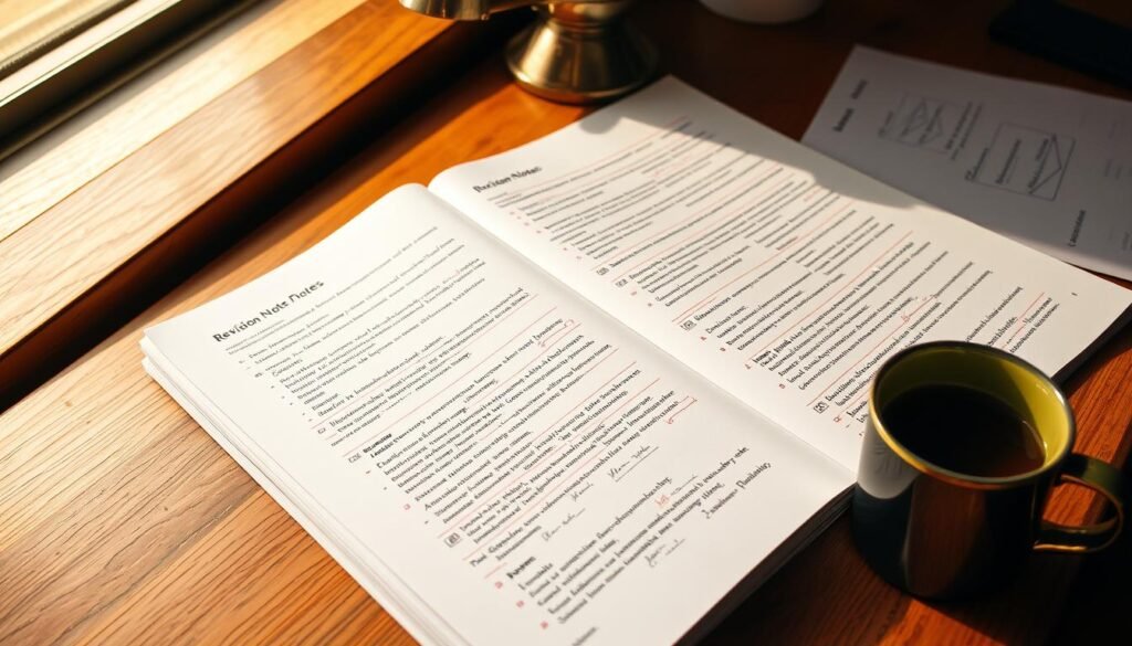 A neatly organized set of revision notes on a wooden desk, illuminated by warm, natural lighting coming through a nearby window. The notes are handwritten on crisp, white paper, with diagrams, formulas, and key points highlighted in various colors. The desk surface is uncluttered, allowing the notes to be the focal point. A cup of tea or coffee sits beside the notes, adding a cozy, studious atmosphere. The angle of the camera captures the notes from a slightly elevated perspective, giving a sense of focus and attention to detail. The overall scene conveys a productive, yet relaxed environment ideal for effective exam preparation.