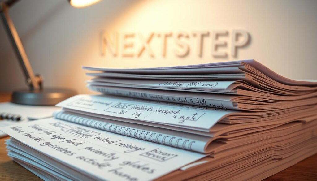 A neatly organized stack of handwritten computer engineering notes, with crisp, legible writing and precise diagrams. The notes are lit by a warm, focused desk lamp, casting a soft, cozy glow over the pages. In the background, a minimalist NEXTSTEP text logo stands out against a clean, white wall, hinting at the academic setting. The overall atmosphere is one of dedicated study, with an air of professionalism and attention to detail.