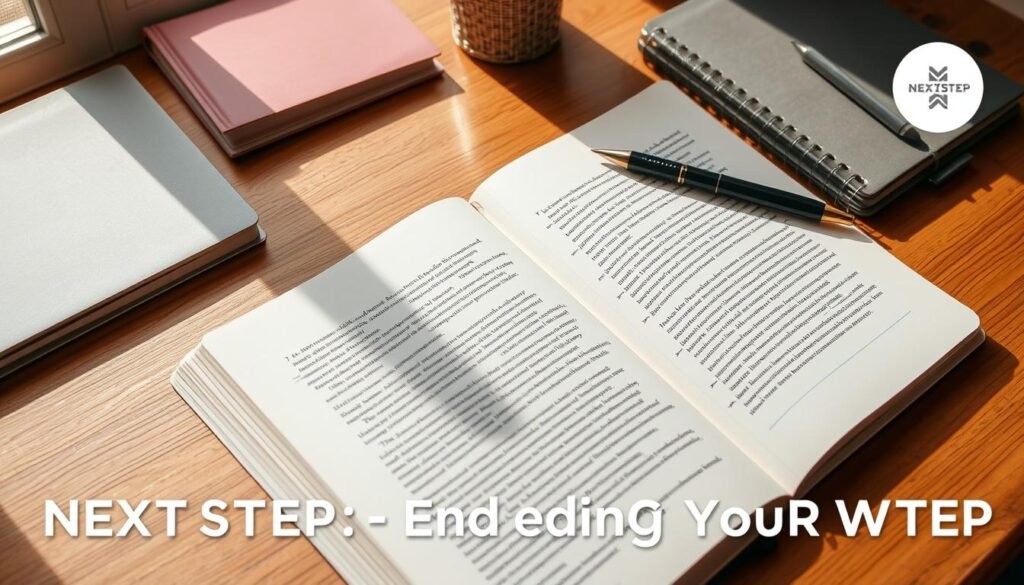 A neatly organized student's desk with an open notebook, a pen, and a NEXTSTEP text logo, all bathed in warm, natural lighting. The notebook pages display a draft English composition with corrections and edits made in the margins, showcasing the process of revising and refining the written work. The scene evokes a sense of focused study and academic diligence, capturing the essence of the "Revising and Editing Your Work" section of the article.