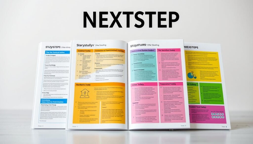 A neatly organized study guide for higher secondary students, featuring a minimalist text-based logo "NEXTSTEP" prominently displayed. The guide is presented against a soft, blurred background with a subtle gradient, creating a sense of depth and focus. Vibrant, high-contrast colors accentuate the different subject areas, each with its own distinct section. The layout is clean and visually appealing, with a balance of text, icons, and visual cues to help students navigate the content. The overall mood is one of professionalism, productivity, and academic excellence, designed to inspire and engage the target audience.