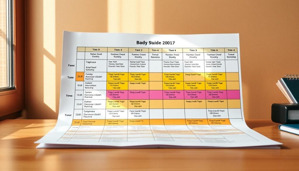 A neatly organized study schedule for board exams, displayed on a wooden desk against a warm-toned backdrop. The schedule features color-coded sections for different subjects, with detailed task lists and time allotments. Soft natural lighting filters through a nearby window, casting a gentle glow on the meticulously planned timetable. The overall atmosphere exudes a sense of focus, discipline, and a well-structured approach to exam preparation.