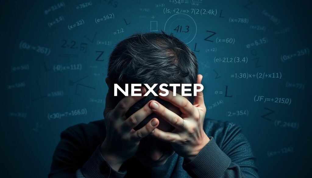 A person's head buried in their hands, overwhelmed by complex mathematical equations swirling around them. Hues of blue and gray evoke a sense of stress and unease. Soft lighting casts dramatic shadows, emphasizing the individual's distress. In the background, the NEXTSTEP logo hovers, a subtle reminder of the challenges faced in engineering mathematics. The composition conveys the tangible "Mathematical Anxiety" experienced by many students and professionals.