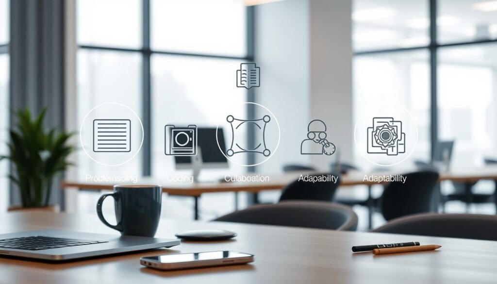 A professional, elegantly-lit, high-resolution image of the essential skills for success in computer careers. In the foreground, a desk with a laptop, smartphone, and coffee mug, symbolizing the core tools of the trade. In the middle ground, abstract icons representing key skills such as coding, problem-solving, collaboration, and adaptability. In the background, a sleek, minimalist office space with large windows, hinting at the modern, tech-driven work environment. The overall mood is one of focused productivity, innovation, and a sense of the dynamic, fast-paced nature of the computer studies field.