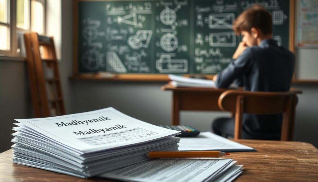 A serene academic setting, bathed in soft, natural lighting. In the foreground, a stack of exam papers with "Madhyamik" prominently displayed, evoking the structure and formality of the exam. In the middle ground, a wooden desk with a well-sharpened pencil, a calculator, and a contemplative student poring over study materials. The background reveals a chalkboard filled with subject-specific diagrams and formulas, reflecting the breadth of the curriculum. The overall atmosphere is one of focused concentration and diligent preparation, setting the stage for the "Understanding the Madhyamik Exam Structure" section of the article.