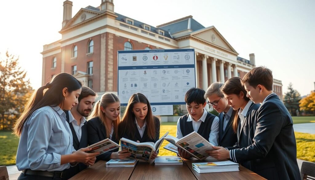 A serene academic setting, with a stately university building in the background, bathed in warm afternoon sunlight. In the foreground, a group of students in crisp uniforms huddle around a wooden table, poring over course prospectuses and academic guides, their faces alight with contemplation. The middle ground features a wall-mounted display showcasing various higher education pathways, icons and illustrations guiding the students' decision-making process. The atmosphere is one of focused deliberation, as the students weigh their options and chart their future course, the image capturing the pivotal moment of exploring the possibilities that lie ahead.