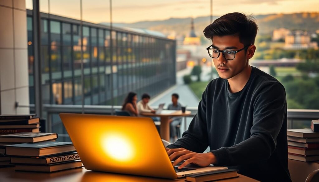 A serene academic setting with a striking NEXTSTEP logo casting a warm glow. In the foreground, a student intently studying a laptop, surrounded by stacks of textbooks and a thoughtful expression. The middle ground features a group of students collaborating at a table, their faces alight with curiosity and determination. In the background, a panoramic view of a modern university campus, with sleek architecture and lush greenery. Soft, directional lighting creates a contemplative atmosphere, emphasizing the importance of education in the field of computer studies.