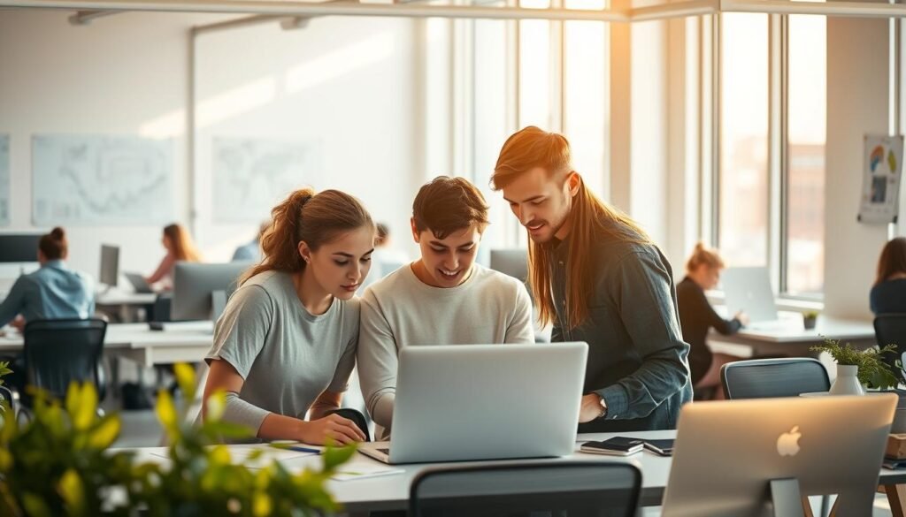 A serene, airy office space filled with engineering interns collaborating at desks. Warm, natural lighting from large windows illuminates the scene, casting a soft glow on the modern, minimalist furnishings. In the foreground, two interns bend over a shared laptop, engaged in focused discussion. Their expressions are intent, reflecting the mentorship and guidance they receive from a senior engineer standing nearby, observing and offering insights. In the middle ground, other interns work independently or in small groups, their body language conveying a sense of camaraderie and shared purpose. The background features engineering diagrams and schematics pinned to the walls, hinting at the technical work being undertaken. An atmosphere of creativity, learning, and professional growth permeates the space.