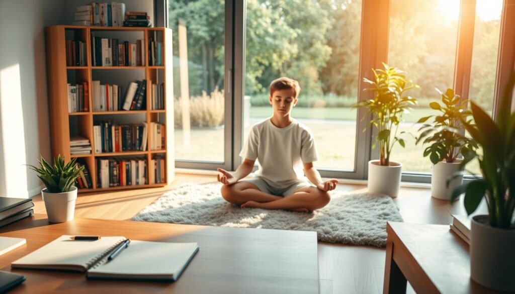 A serene and contemplative study scene, bathed in warm, golden light. In the foreground, a desk with a notebook, pen, and a potted plant, creating a cozy, focused atmosphere. In the middle ground, a young student sits cross-legged on a plush rug, eyes closed, practicing mindfulness exercises. Behind them, a bookshelf filled with psychological resources and a large window overlooking a peaceful garden, suggesting the importance of mental well-being and introspection. The overall mood is one of tranquility, inner reflection, and the pursuit of personal growth.