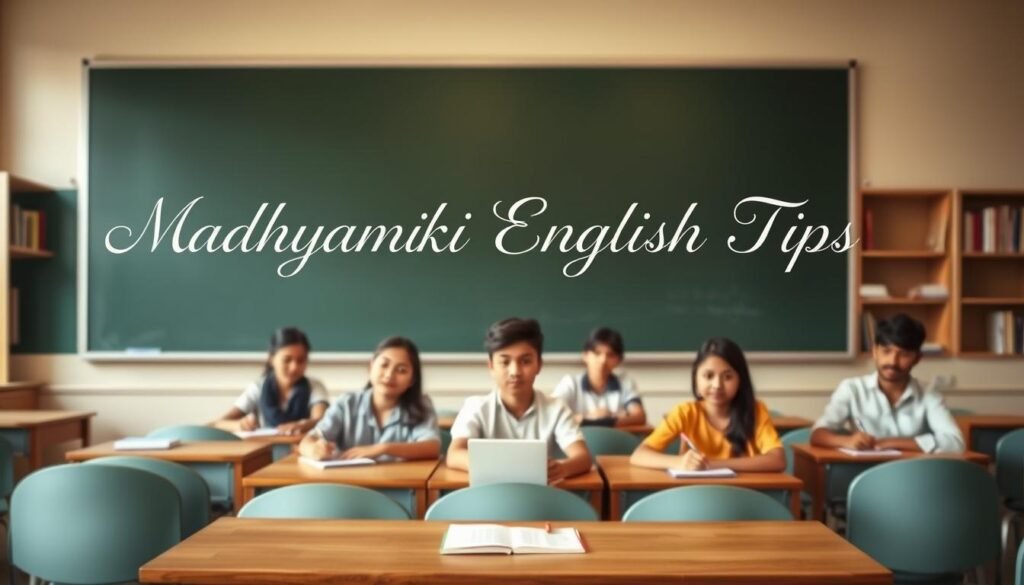 A serene classroom setting, with a large chalkboard taking up the center foreground. Atop the chalkboard, the words "Madhyamik English Tips" are written in elegant cursive. In the middle ground, a group of students sit attentively, pens and notebooks in hand, their expressions focused and determined. The background is softly blurred, suggesting a tranquil academic atmosphere, with bookshelves lining the walls and a large window letting in warm, natural lighting. The overall mood is one of studious concentration and academic excellence, reflecting the subject of English Language and Literature.