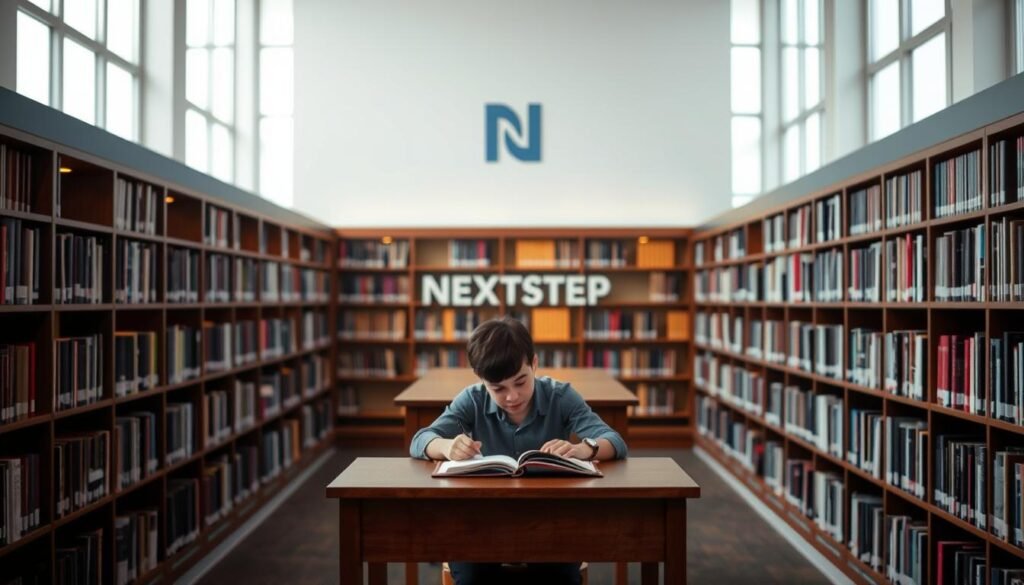 A serene library interior, with rows of bookshelves lining the walls, casting a warm, cozy glow. In the center, a young student sits at a wooden desk, intently studying a textbook, surrounded by the NEXTSTEP logo subtly displayed on the wall behind them. Soft, diffused lighting filters through large windows, creating a contemplative atmosphere. The student's focused expression and the calm, studious environment convey the importance of seeking academic guidance and support.