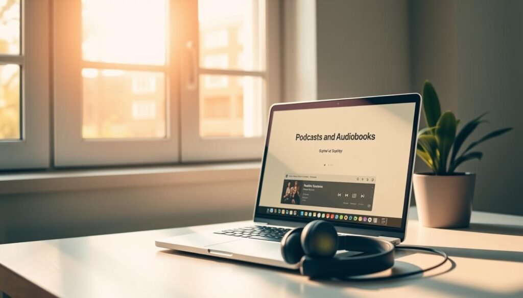 A serene, minimalist desktop with a laptop, wireless headphones, and a potted plant. Warm natural lighting filters through a large window, casting soft shadows. The laptop's screen displays a podcast player interface, conveying the "Podcasts and Audiobooks" theme. The headphones suggest an immersive audio experience. The potted plant adds a touch of nature, creating a calm, focused atmosphere for digital learning. The composition is balanced, with clean lines and a muted color palette, emphasizing the digital resources available for computer studies.