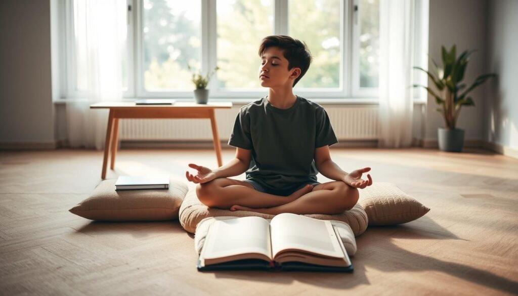 A serene, minimalist scene depicting mindfulness techniques for exam stress reduction. In the foreground, a young student sits cross-legged on a plush meditation cushion, eyes closed in a state of deep focus. Soft, natural lighting filters in from the background, casting a calming glow. The mid-ground features a simple desk with an open notebook, signifying the balance between study and self-care. In the distance, a window overlooks a tranquil garden, symbolizing the importance of stepping away from the pressures of exams to reconnect with inner peace. The overall atmosphere is one of tranquility, clarity, and the power of mindful practices to alleviate exam-related anxiety.