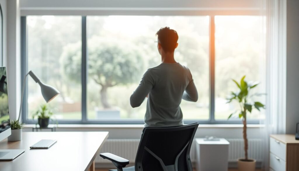 A serene office setting, with a minimalist desk and ergonomic chair in the foreground. In the middle ground, a person practicing deep breathing exercises, radiating a sense of calm and focus. The background features a large window overlooking a tranquil garden, with soft, diffused natural lighting illuminating the scene. The overall atmosphere conveys a harmonious balance between productivity and stress management, inspiring a sense of peace and control over one's time.