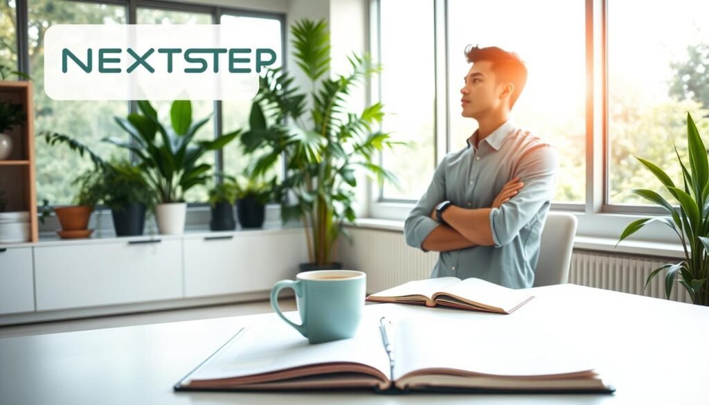 A serene office space filled with natural light, showcasing a confident young professional engaging in self-reflection. In the foreground, an open notebook and a cup of coffee sit on a minimalist desk, while a NEXTSTEP text logo hovers subtly in the background. The subject gazes thoughtfully out a large window, surrounded by lush greenery and a tranquil atmosphere, symbolizing the personal growth and confidence found in vocational education.