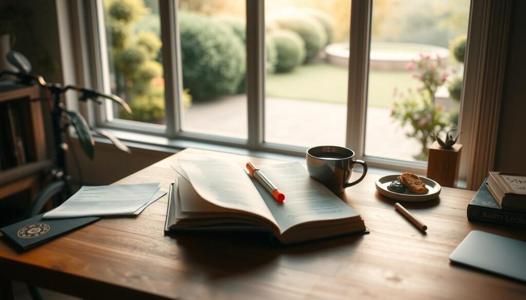 A serene study nook, bathed in soft, warm lighting. On a wooden desk, an open textbook, highlighters, and notes are carefully arranged, conveying a sense of organized focus. In the background, a large window overlooks a tranquil garden, providing a calming view to balance the intensity of last-minute revision. A cup of steaming tea and a healthy snack sit nearby, suggesting a mindful approach to self-care during this critical study period. The overall atmosphere is one of quiet determination, where the student is fully immersed in the task at hand, yet cognizant of the need for balance and rejuvenation. A serene study nook, bathed in soft, warm lighting. On a wooden desk, an open textbook, highlighters, and notes are carefully arranged, conveying a sense of organized focus. In the background, a large window overlooks a tranquil garden, providing a calming view to balance the intensity of last-minute revision. A cup of steaming tea and a healthy snack sit nearby, suggesting a mindful approach to self-care during this critical study period. The overall atmosphere is one of quiet determination, where the student is fully immersed in the task at hand, yet cognizant of the need for balance and rejuvenation.
