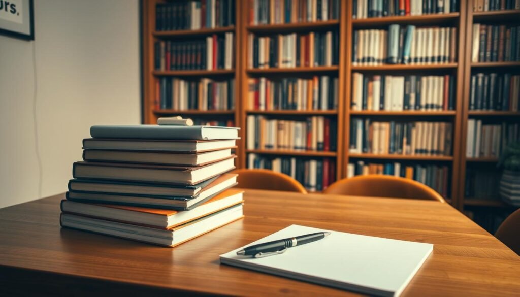 A serene study space with a wooden desk, a stack of books, and a pen resting on a notepad. Soft, warm lighting illuminates the scene, casting a cozy glow. In the background, a bookshelf filled with language-related volumes stands as a testament to the pursuit of knowledge. The overall atmosphere exudes a sense of focus and confidence, setting the stage for effective language study and preparation.