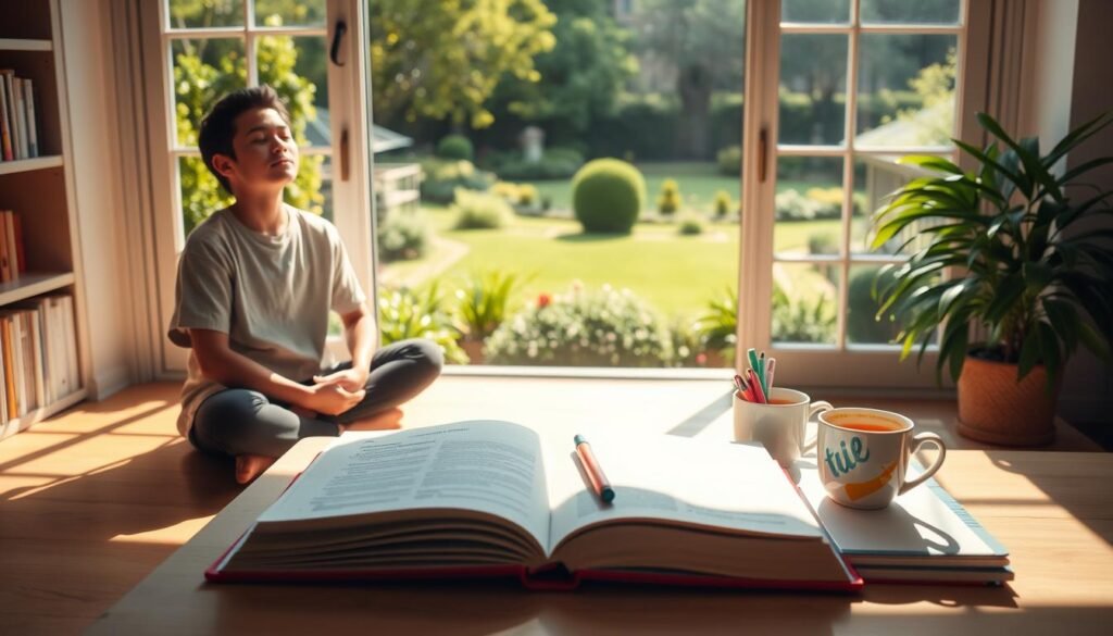 A serene, sun-dappled study space. In the foreground, a student sits cross-legged, eyes closed, hands resting gently on their lap, exuding an aura of tranquility and focus. The middle ground features an open textbook, highlighters, and a steaming mug of tea, symbolizing the balance of diligent preparation and self-care. In the background, a sprawling garden is visible through a large window, its lush greenery and dancing sunlight offering a calming, restorative presence. The overall atmosphere is one of positive, centered energy, inspiring the viewer to approach their exams with a sense of clarity, resilience, and inner strength.