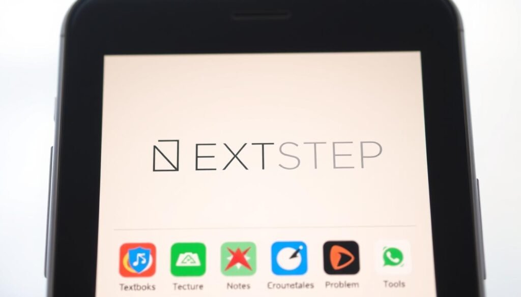 A serene, well-lit mobile device screen displays a clean, minimalist interface showcasing an array of mobile apps. The foreground features the "NEXTSTEP" text logo, prominently displayed in a sleek, modern font. The middle ground depicts various app icons, each representing essential engineering study materials such as textbooks, lecture notes, and problem-solving tools. The background subtly fades into a soft, blurred gradient, creating a sense of depth and focus on the central mobile device. The overall atmosphere conveys a sense of productivity, organization, and the seamless integration of digital resources for the modern engineering student.