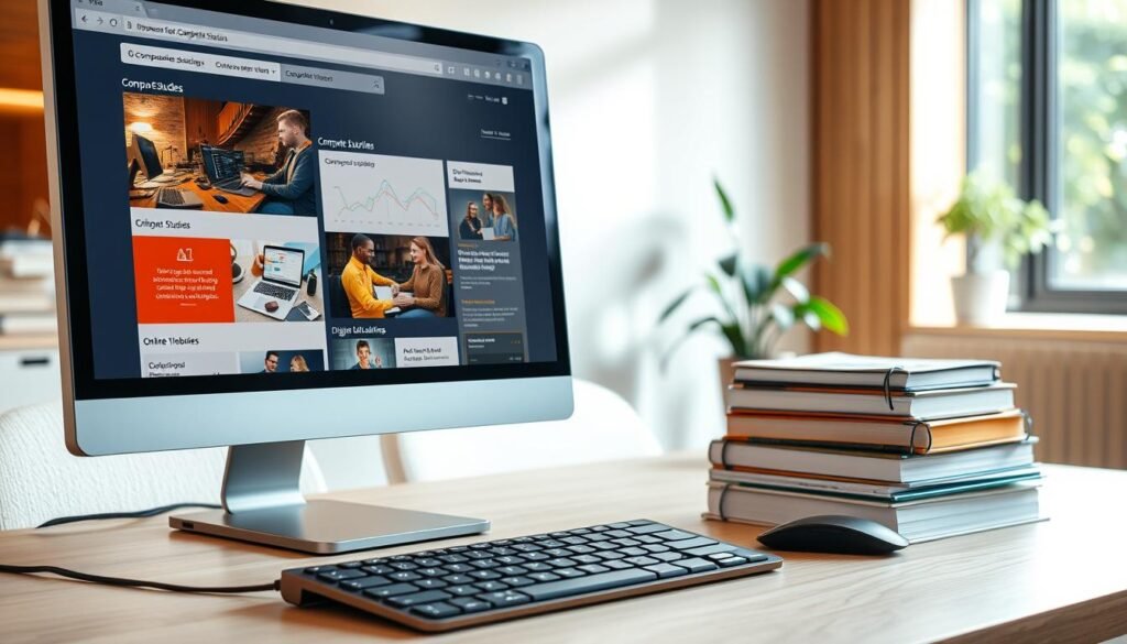 A serene, well-lit workspace with a clean, minimalist aesthetic. In the foreground, a modern, high-resolution computer display showcases various online resources for computer studies, including educational websites, online tutorials, and digital libraries. The middle ground features a sleek, ergonomic keyboard and mouse, alongside a stack of relevant textbooks and notebooks. The background subtly depicts a comfortable office environment, with warm lighting, natural wood accents, and a hint of lush greenery outside the window, creating a calming and productive atmosphere for focused learning.