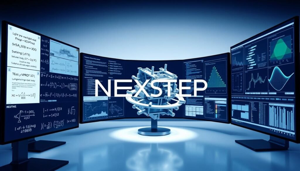 A sleek, modern computational software interface with a clean, minimalist design. The NEXTSTEP logo is prominently displayed, its text-based design conveying a sense of advanced technological capabilities. In the foreground, various mathematical equations, algorithms, and data visualizations are displayed on a series of high-resolution screens, casting a soft, indirect lighting that creates a focused, productive atmosphere. In the middle ground, a 3D model of a complex engineering structure rotates, showcasing the software's powerful simulation and analysis tools. The background features a subtle gradient, hinting at the vast computational power and expansive data that the software can harness to solve complex engineering challenges.
