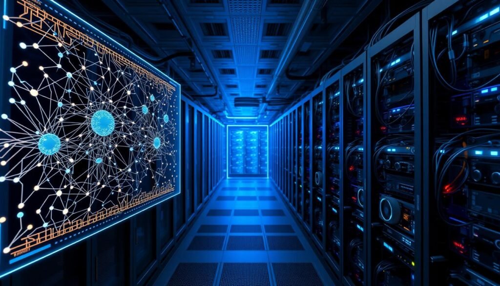 A sleek, modern data center, filled with interconnected servers and glowing displays showcasing complex algorithms. In the foreground, a holographic interface displays intricate visualizations of neural networks, their nodes and connections pulsing with energy. The middle ground features rows of state-of-the-art GPUs, their fans whirring as they process vast amounts of data. In the background, a vast network of cables and fiber optics link the systems, creating a dynamic, futuristic environment. The lighting is cool and blue, casting an aura of intelligence and technological prowess. The overall scene conveys the power and potential of machine learning, a core component shaping the future of computer studies and careers.