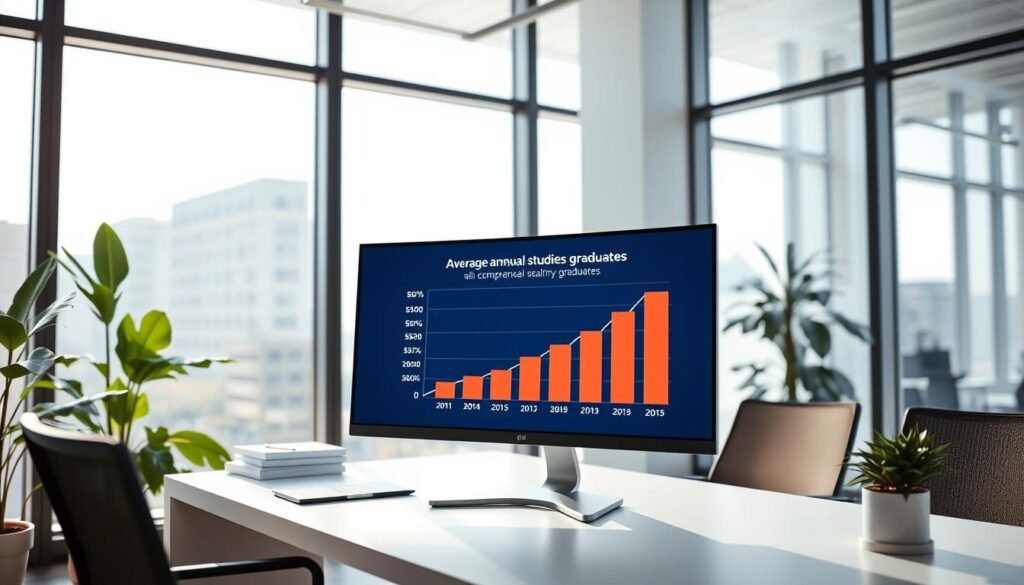 A sleek, modern office interior with a large, curved computer monitor displaying a graph showing the average annual salary range for computer studies graduates. The monitor is placed on a minimalist, white desk, with a few office supplies and a potted plant nearby. The background features floor-to-ceiling windows, allowing natural light to flood the space and create a bright, airy atmosphere. The scene is captured with a wide-angle lens, giving a sense of depth and perspective. The mood is one of professionalism, success, and optimism for the career prospects of computer studies graduates.