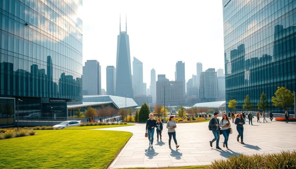 A sleek, modern university campus with a prominent computer science building in the foreground, its glass facade reflecting the sky. In the middle ground, students walk across the scenic courtyard, laptops in hand, engaged in animated discussions. The background features a cityscape, skyscrapers and high-tech infrastructure, symbolizing the diverse career paths in the field of computer studies. Soft, directional lighting illuminates the scene, creating a sense of innovation and opportunity. The overall composition conveys the breadth of higher education options and the vibrant, future-focused atmosphere of the computer science discipline.