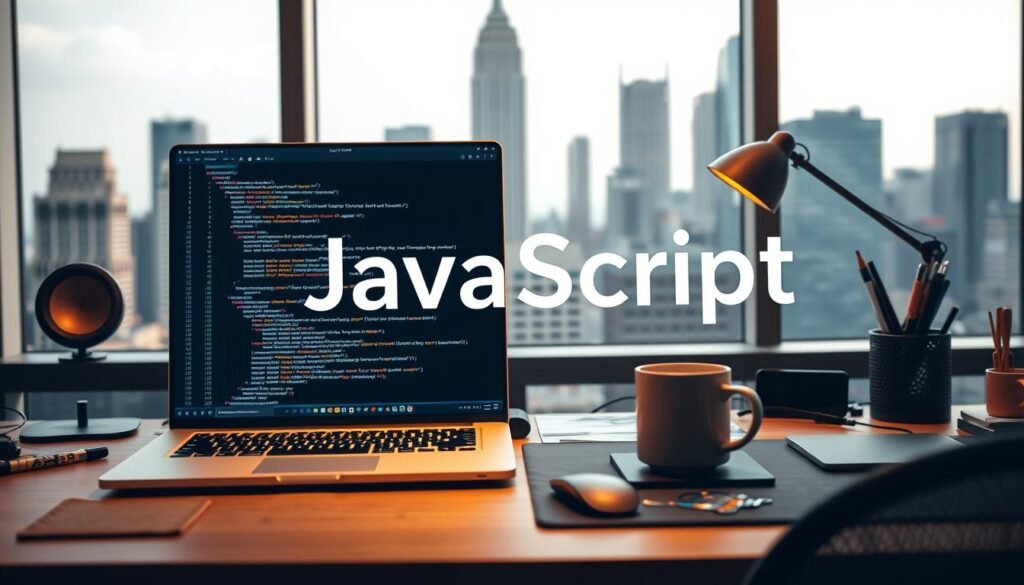 A sleek, modern web development workspace with a large display showcasing the JavaScript programming language as the central focus. The foreground features a laptop with a code editor open, highlighting the syntax and functions of JavaScript. In the middle ground, a desk holds various web development tools and resources, including a mouse, keyboard, and a mug of coffee. The background depicts a cityscape with skyscrapers, reflecting the urban and dynamic nature of web development. The lighting is warm and natural, creating a productive and inspiring atmosphere. The overall composition conveys the importance of JavaScript as a fundamental language for modern web development.
