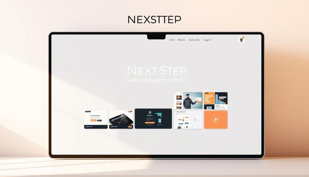 A sleek, modern website featuring a clean, minimalist design. The homepage showcases a responsive, mobile-friendly layout with a prominent NEXTSTEP text logo in the header. In the center, a series of web development project thumbnails are displayed, showcasing a range of projects from simple personal websites to complex web applications. The background is a soft, muted gradient, creating a professional and polished atmosphere. Warm, directional lighting casts subtle shadows, highlighting the crisp lines and attention to detail in the user interface. The overall impression is one of a well-crafted, visually appealing web development portfolio.