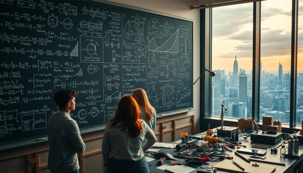 A sprawling blackboard filled with complex mathematical equations, circuit diagrams, and engineering schematics. The foreground features a trio of students intently studying the board, their faces illuminated by the soft glow of a desk lamp. The middle ground showcases an array of engineering tools and instruments, meticulously arranged on a cluttered workbench. In the background, a panoramic window offers a breathtaking view of a bustling city skyline, hinting at the practical applications of the subjects being explored. The scene is bathed in a warm, contemplative light, capturing the intellectual rigor and creative problem-solving at the heart of the engineering disciplines.
