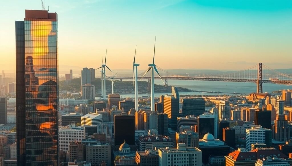 A sprawling cityscape, bustling with the energy of various engineering disciplines. In the foreground, a gleaming high-rise showcases the innovation of structural engineering, its sleek glass facade reflecting the sky. In the middle ground, towering wind turbines spin, harnessing the power of renewable energy, the work of mechanical and electrical engineers. In the distance, a suspension bridge arches gracefully, a testament to the feats of civil engineering. The scene is illuminated by warm, golden light, conveying a sense of progress and possibility. The overall atmosphere is one of thoughtful contemplation, inviting the viewer to consider the breadth and depth of the engineering fields that shape our world.