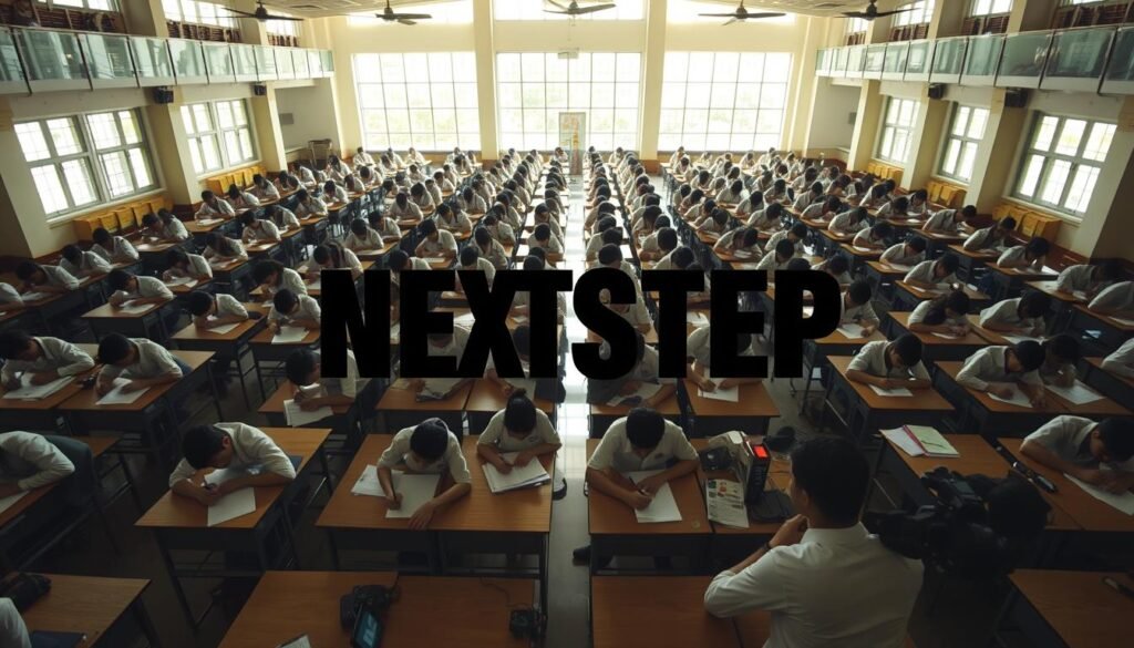 A sprawling examination hall, sunlight streaming through large windows, illuminating rows of desks where students diligently write, their faces a mix of concentration and determination. In the foreground, a "NEXTSTEP" text logo stands proudly, a symbol of academic excellence. The atmosphere is one of focus and intensity, as young minds grapple with the challenges of the Higher Secondary Certificate Exam. Cameras capture the scene from a wide, elevated angle, highlighting the scale and gravity of the moment. This image embodies the essence of "Active Learning Techniques for Better Retention", showcasing the committed students engaged in the crucial rite of passage.